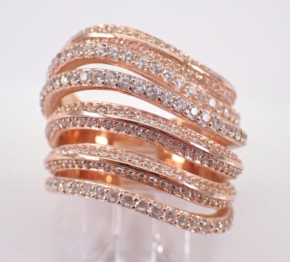 Rose Gold Plated Sterling Silver Band - Large Stackable Multi Row Wave Ring - Unique Anniversary Jewelry Gift