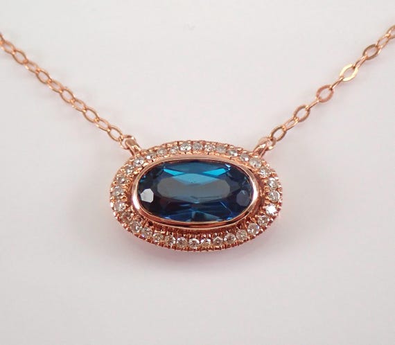 London Blue Topaz Station Necklace - Rose Gold Diamond Halo Pendant and Chain - Dainty Gemstone Jewelry Gift