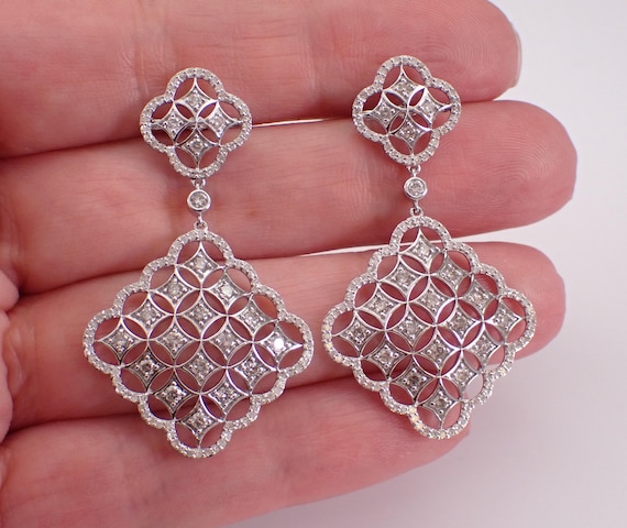 14K White Gold Dangle Earrings, Unique Filigree Clover Shape Drops, Scalloped Square Charm Jewelry Gift