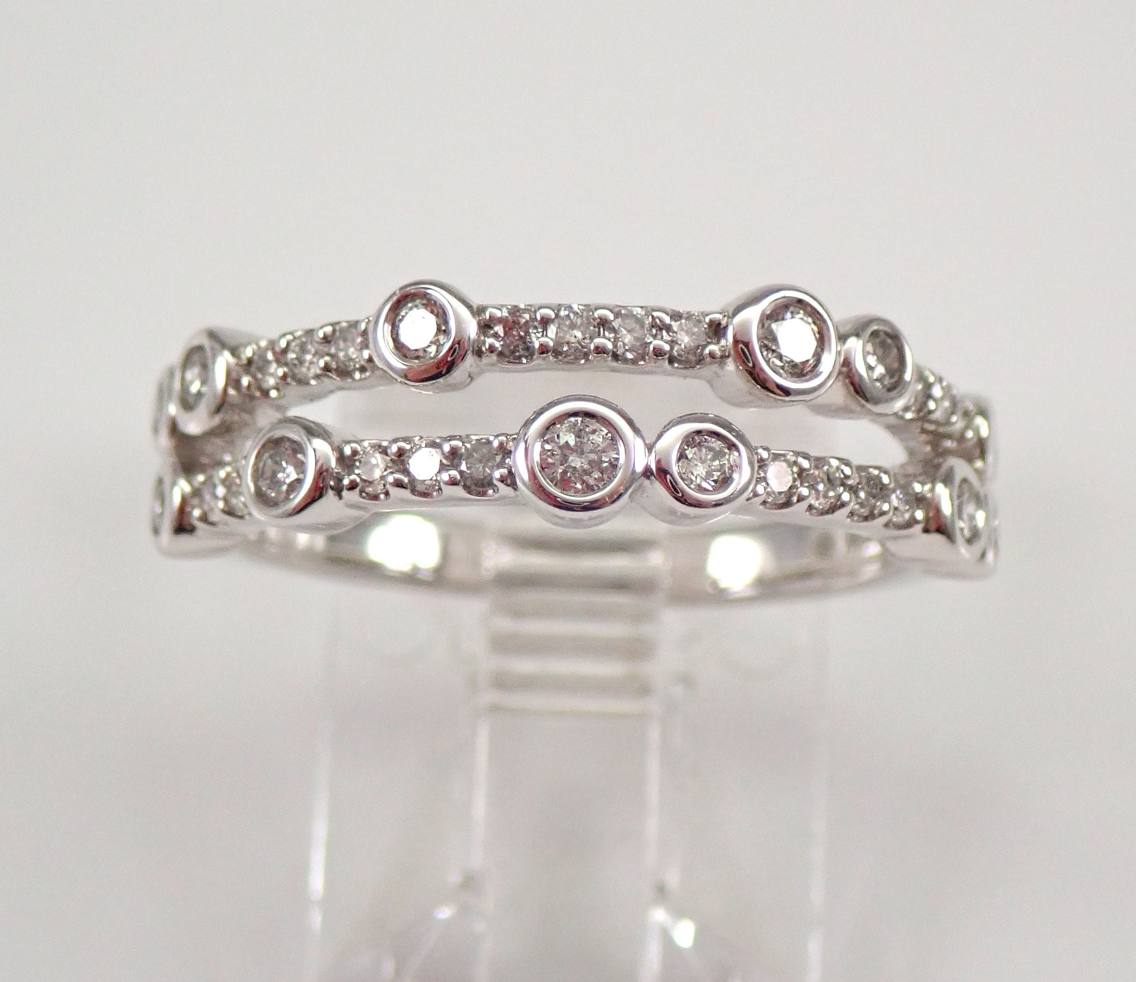 RESERVED White Gold Bezel Set Diamond Wedding Ring Multi Row Anniversary Band Size 7 FREE SIZING