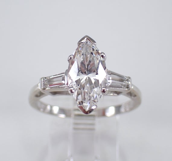 Vintage 14K White Gold Marquise Cubic Zirconia Engagement Ring, Bridal Promise CZ Baguette Band