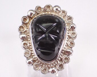 Vintage Sterling Silver Onyx Ring - Mayan Aztec Carved Face Gemstone - Estate Designer Jewelry