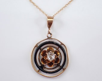 Collana antica in oro giallo con cerchio di diamanti - Ciondolo vintage con solitario a taglio rosa e diamante - Regalo di alta gioielleria GalaxyGems Estate