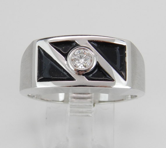 Black Enamel and Diamond Ring, Mens White Gold Solitaire Band, Unique Engagement Jewelry Gift