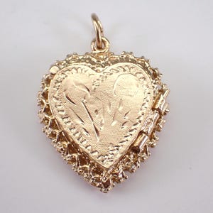 Vintage 14K Yellow Gold Locket Charm Pendant - Unique Engraved Heart Shaped Photo Frame Keepsake Jewelry for Bracelet or Necklace
