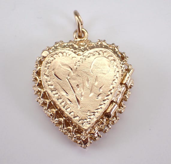 Vintage 14K Yellow Gold Locket Charm Pendant - Unique Engraved Heart Shaped Photo Frame Keepsake Jewelry for Bracelet or Necklace