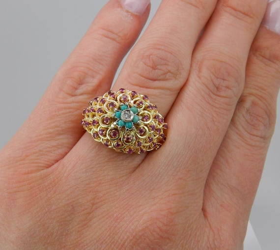 Vintage Turquoise and Ruby Ring - Solid 18k Yello… - image 4