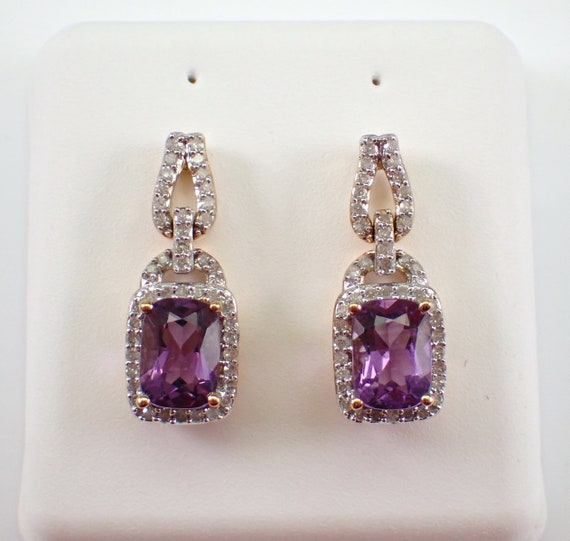 Cushion Cut Amethyst and Diamond Earrings - Yellow Gold Dangle Halo Drop Stud - February Birthstone Fine Jewelry Gift