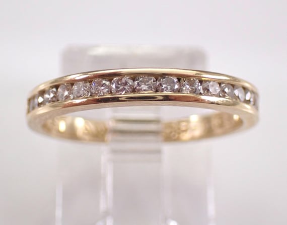 Vintage 14K Yellow Gold Diamond Wedding Ring: Dainty Estate Engraved Anniversary Band
