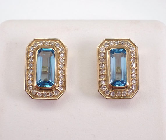 Yellow Gold Blue Topaz Earrings - Dainty Diamond Halo Studs - December Gemstone Birthday Gift