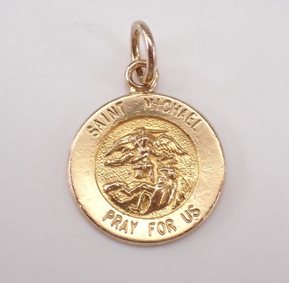 Vintage 14K Yellow Gold Miraculous Medal Charm - Religious Saint Michael Disk Pendant for Necklace or Bracelet