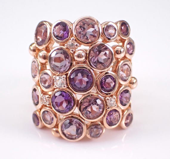 Amethyst and White Sapphire Ring - Rose Gold Plated Sterling Silver Band - Large Stackable Unique Anniversary Jewelry Gift