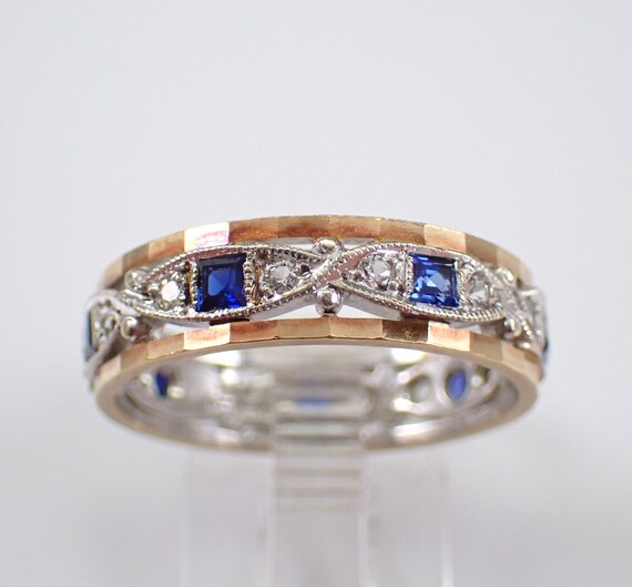 Antique Princess Cut Sapphire Eternity Ring - White and Yellow Gold Bridal Wedding Band - Two Tone Gold Anniversary Jewelry Gift