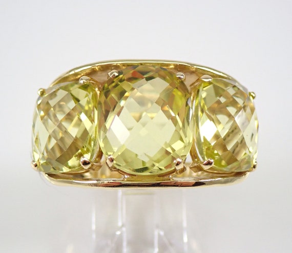 18K Yellow Gold Lemon Quartz Ring - Large Cushion Cut Three Stone Gemstone Band - Vintage Chunky Fine Jewelry Gift