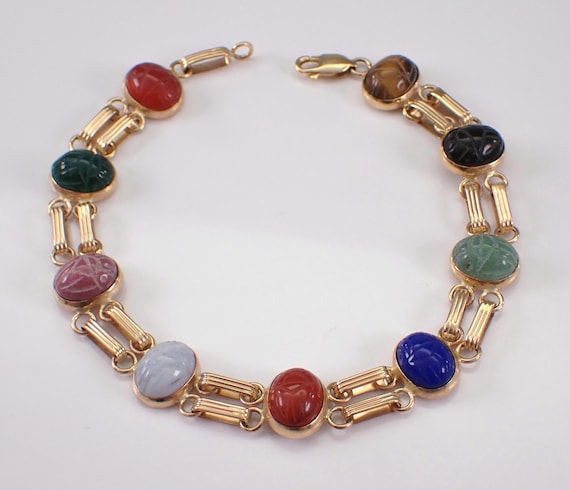 Vintage 14K Yellow Gold Scarab Bracelet - Genuine Carved Gemstones - Tigers Eye Carnelian Jasper Onyx