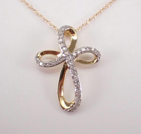 Yellow Gold Diamond Cross Pendant, Dainty Religious Charm Necklace, Unique Small Crucifix Drop and Chain