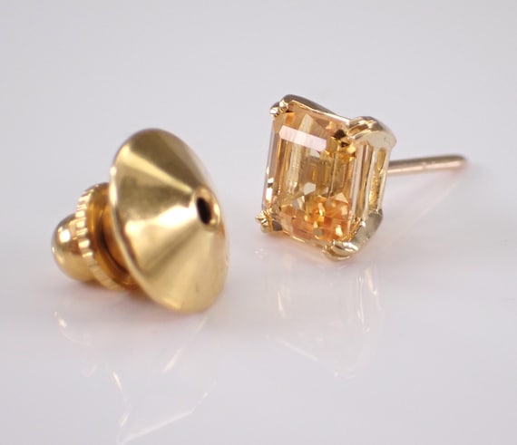 Antique 18K Yellow Gold Citrine Tie Tack - Vintage Emerald Cut Gemstone Unique Lapel Pin