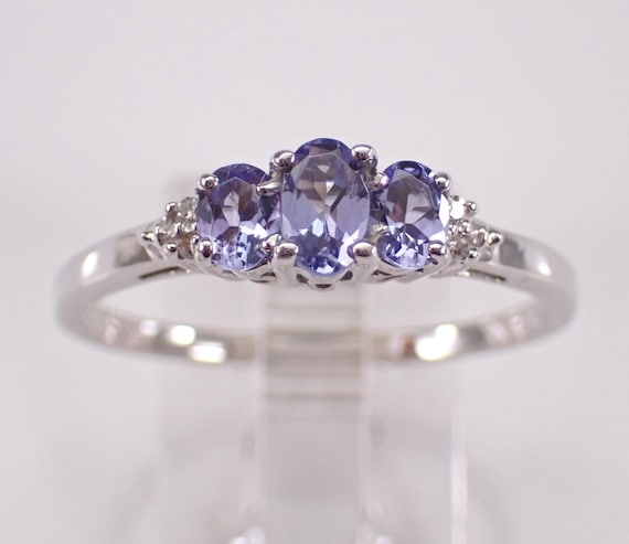 White Gold Tanzanite Anniversary Ring,  Three Stone Dainty Wedding Band
