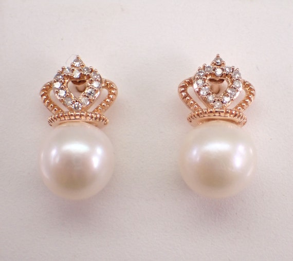 Pearl and Diamond Earrings - Rose Gold Crown Studs - June Birthstone Fine Jewelry Gift