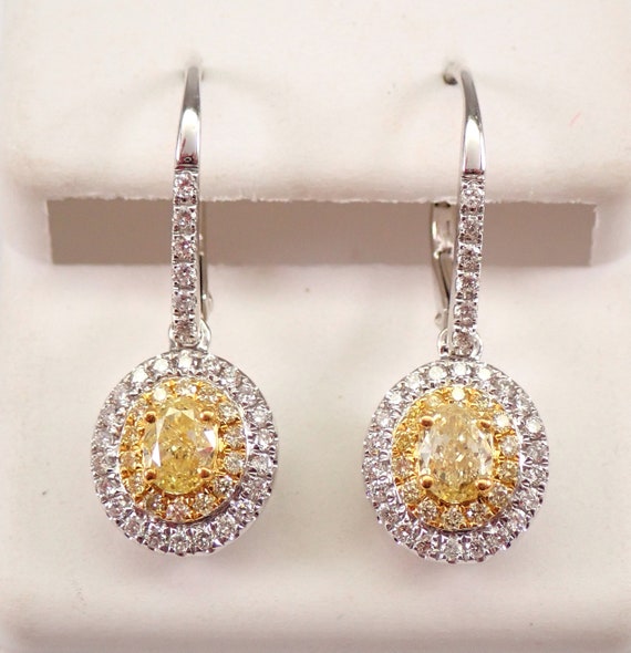 Oval CANARY Yellow Diamond Dangle Earrings, Solid 18K White Gold Double Halo Drop, Unique Genuine Fancy Yellow Diamond Jewelry