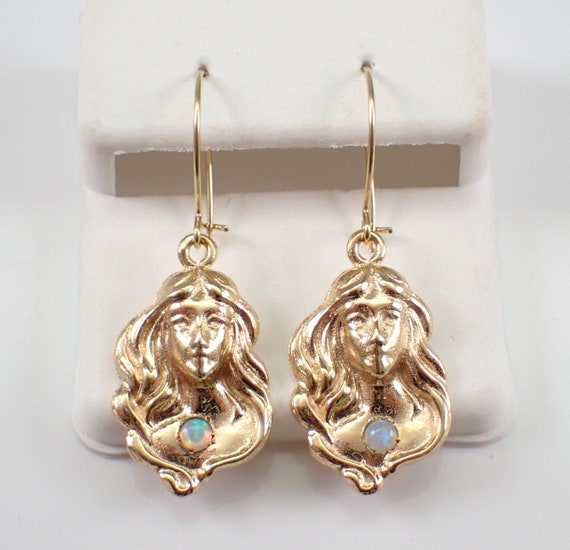 Victorian Opal Dangle Earrings - 14k Yellow Gold Fine Jewelry - October Birthstone Gift - Lady Face Goddess Etruscan Revival