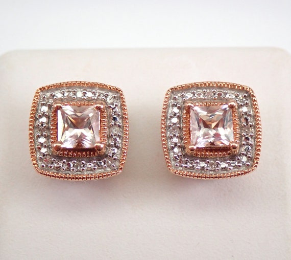 Princess Cut Morganite Stud Earrings, Rose Gold Diamond Halo Settings - Square Shape Pink Studs for Her
