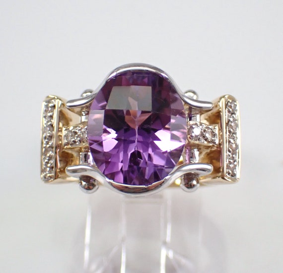 Large Amethyst and Diamond Ring - 14K Yellow Gold Two Tone Half Bezel Setting - Big February Birthstone Fine Jewelry Gift