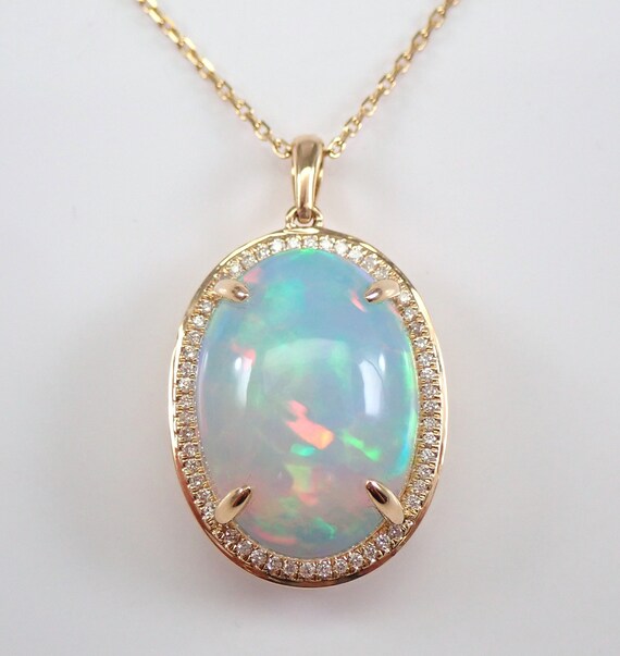 14K Yellow Gold 7.86ct Opal and Diamond Necklace - Halo Pendant Choker Chain - October Birthstone Fine Jewelry