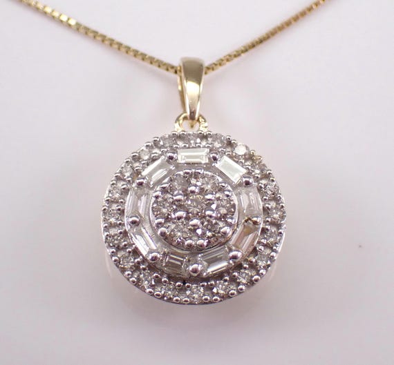 Yellow Gold Diamond Cluster Pendant and Chain: Dainty Baguette Halo Charm Necklace