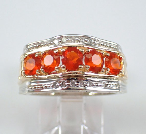 Fire Opal and Diamond Ring - 14k Two Tone Gold Wedding Anniversary Band - Unique Estate Fine Jewelry Gift