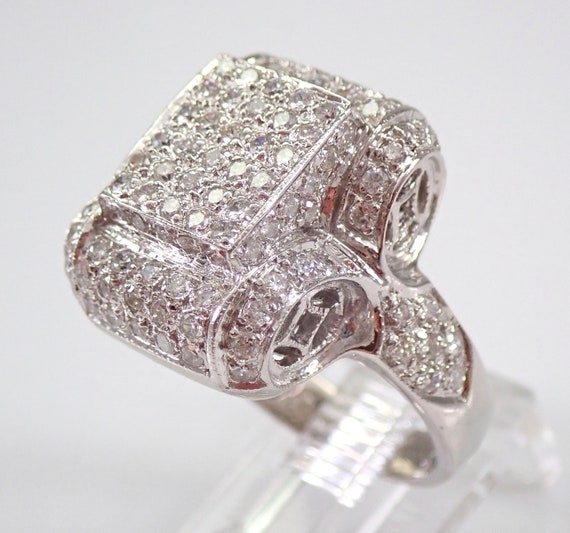 14K White Gold Diamond Cluster Ring - Rectangular Pave-set Cocktail Band - Unique Estate Fine Jewelry Gift