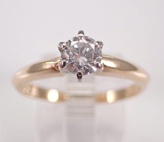 14K Yellow Gold Diamond Engagement Ring - Solitaire Promise Bridal Jewelry - Simple Classic Two Tone Gift