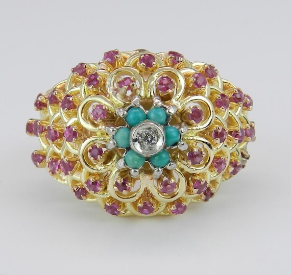Vintage Turquoise and Ruby Ring - Solid 18k Yello… - image 5