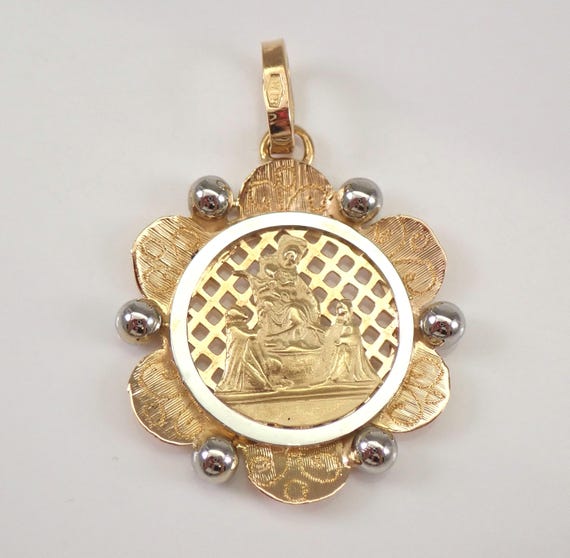 Vintage 18K Yellow Gold Our Lady of Pompeii Charm - Religious Miraculous Medal Disk Pendant for Necklace or Bracelet
