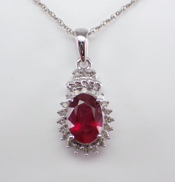 Dainty Ruby and Diamond Pendant and Chain, White Gold Halo Choker Necklace, July Birthstone Fine Jewelry Gift