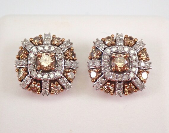 White Gold 1.00 ct Cognac Diamond Stud Earrings Halo Cluster Studs Wedding Gift
