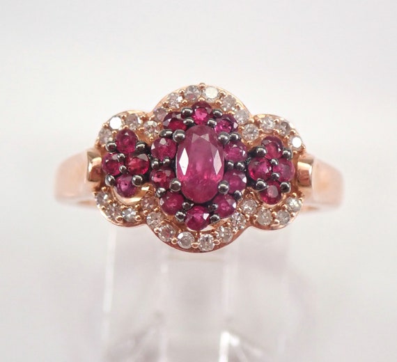 Ruby and Diamond Halo Engagement Ring - Rose Gold Three Stone Cluster Band - July Gemstone Fine Jewelry Gift