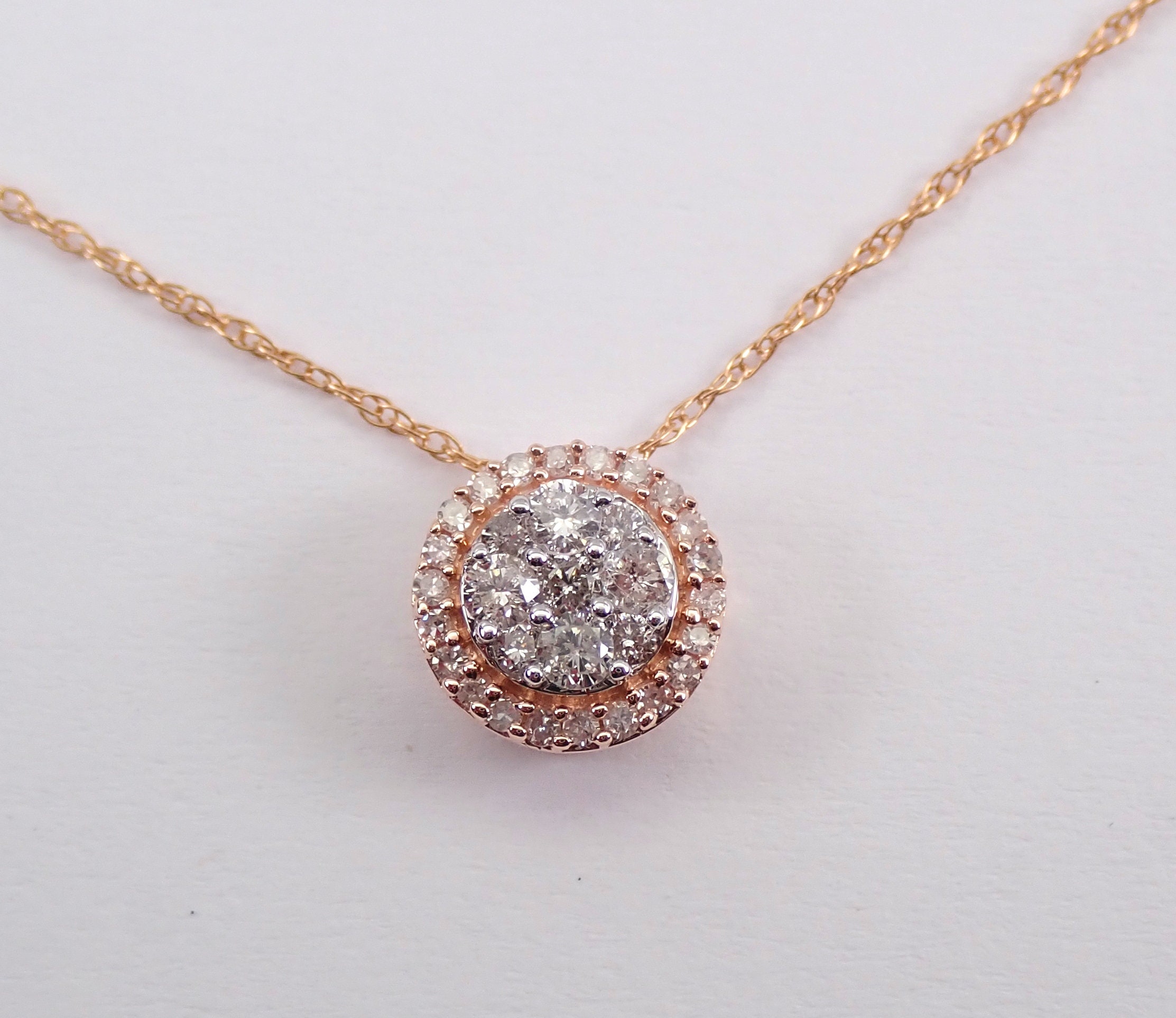 Rose and White Gold Diamond Cluster Halo Pendant Wedding Necklace Chain 18