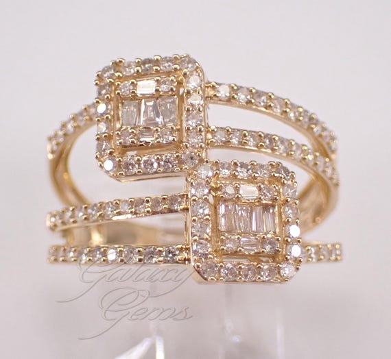 14K Yellow Gold Diamond Cluster Bypass Ring: Unique Crossover Multi Row Band