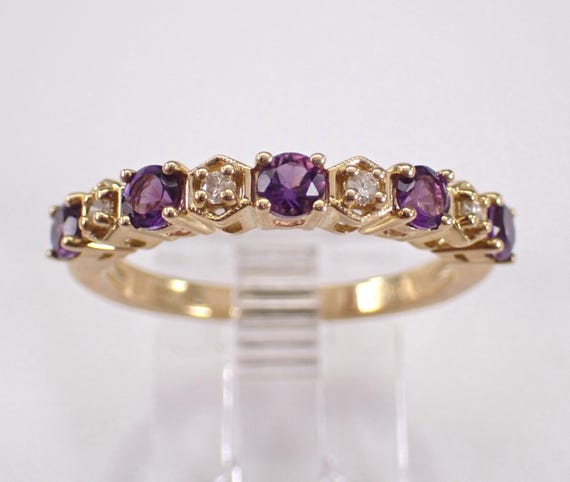 Amethyst and Diamond Wedding Ring - Yellow Gold Stackable Anniversary Band - Gemstone Fine Jewelry Gift