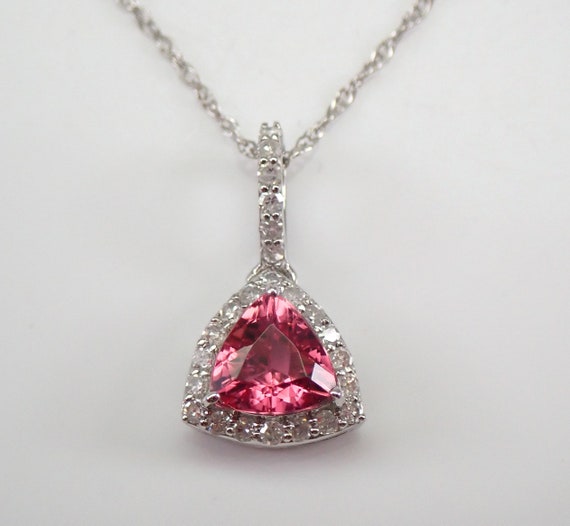 PLATINUM Diamond Trillion Pink Tourmaline Halo Pendant Necklace 18" 14K Chain