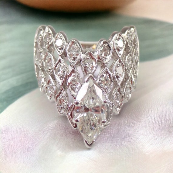 Antique Marquise Diamond Engagement Ring - Vintage 14K White Gold Bridal Jewelry - Wide Chevron Diamond Setting