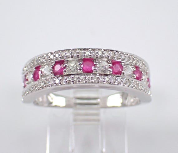 14K White Gold Ruby and Diamond Ring: Stackable Wedding Anniversary Band