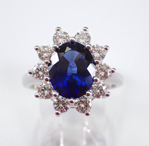 Platinum Sapphire and Diamond Ring - Unique Halo Gemstone Band - September Birthstone Fine Jewelry Gift