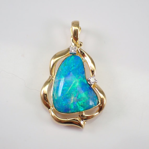 Vintage Opal and Diamond Enhancer Pendant, 14k Yellow Gold Freeform Gemstone Slide Charm