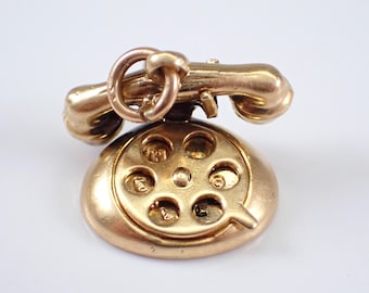 Vintage Rotary Phone Charm Pendant, 14K Yellow Gold Estate Telephone Drop, Unique Movable Jewelry Gift