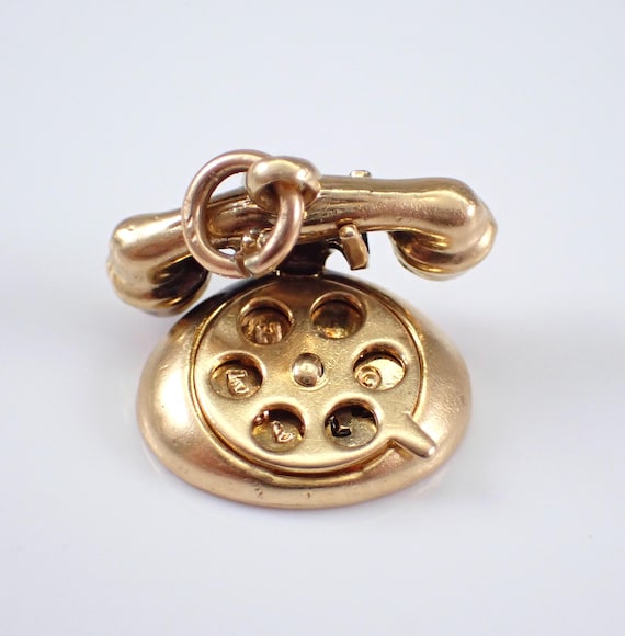 Vintage Rotary Phone Charm Pendant, 14K Yellow Gold Estate Telephone Drop, Unique Movable Jewelry Gift