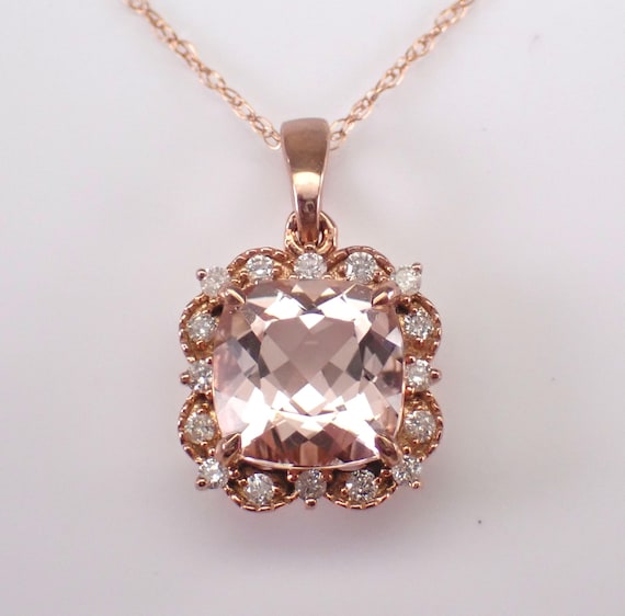 Morganite and Diamond Halo Pendant and Chain - Solid Rose Gold Gemstone Charm Necklace