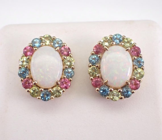 Opal and Gemstone Stud Earrings, Solid Yellow Gold Peridot Topaz Tourmaline Fine Jewelry