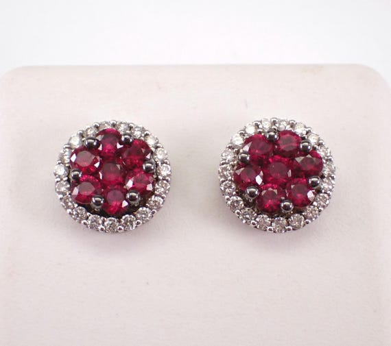18K White Gold Ruby Stud Earrings - Round Diamond Halo Setting - July Birthstone Fine Jewelry Gift